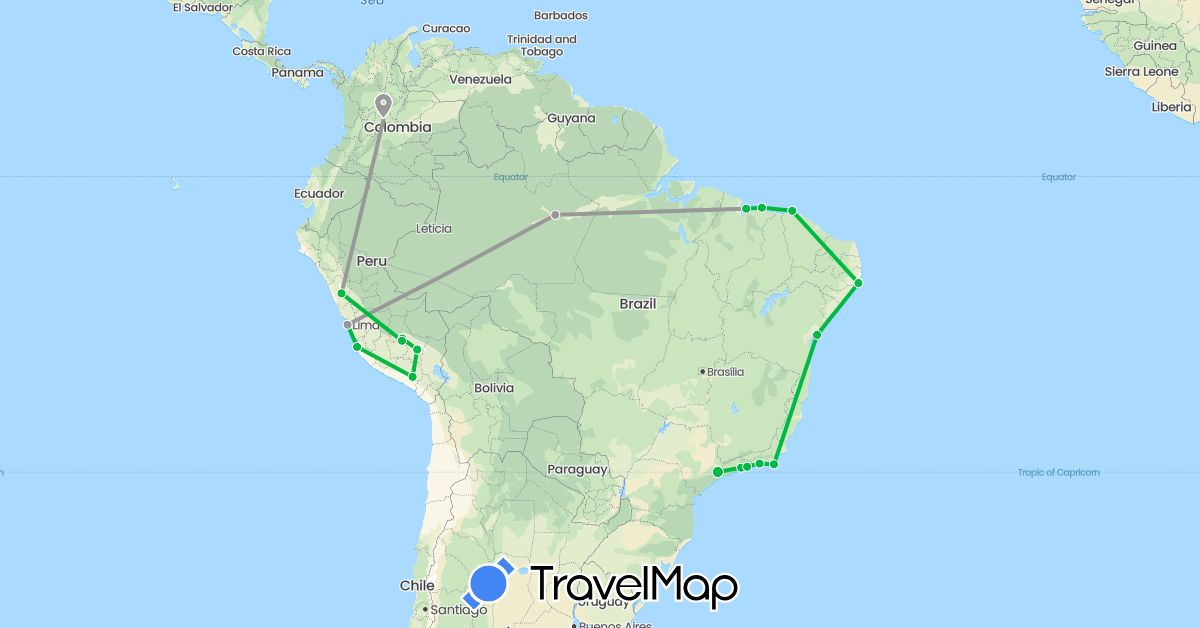 TravelMap itinerary: driving, bus, plane in Brazil, Colombia, Peru (South America)
